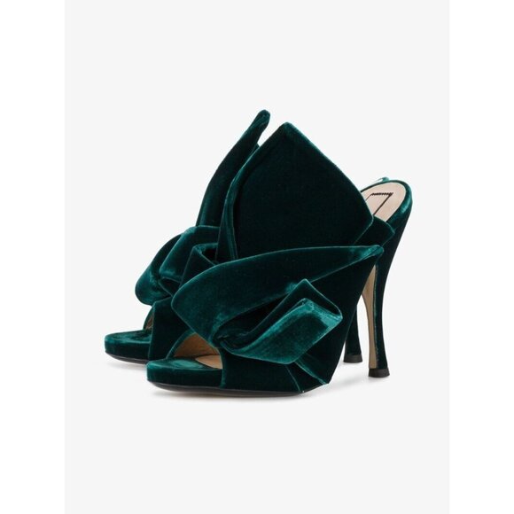 NWOB N.21 Dark Green Velvet Bow Knotted Peep Toe High Heel Mules, Size 36 - Picture 13 of 16